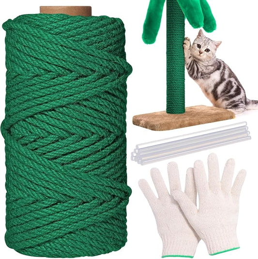 1/4inch ×164Ft Natural Cat Tree Hemp Rope, DIY Repair and Replace Scratching Post Sisal Rope for Scratching Post Cat Tree Tower DIY(Green)