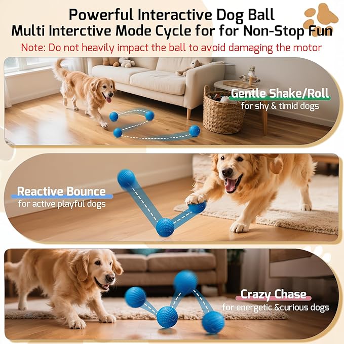 Smart Interactive Dog Balls, Durable Food-Grade Rubber Material, Automatic Moving, Bouncing, Rotating Toy with Light for Medium, Large Dogs, IPX7 Waterproof (Blue)