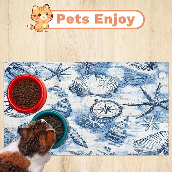 Nautical Coastal Dog Food Mat for Floors Absorbent Dog Bowl Mat for Food and Water Dispenser Quick Dry Cat Food Placemat Pet Supplies 24" x 32", Ocean Beach Seashells