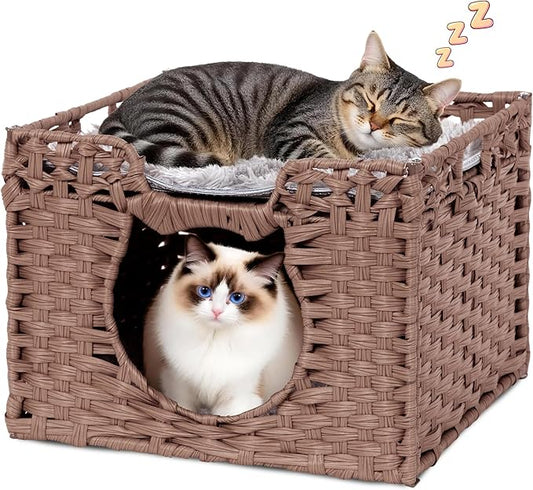 Handwoven Rattan Cat House w/ 2 Cushions, Wicker Cat Bed Indoor Kitten House, Waterproof & Foldable Pet Cube Bed, Brown, 16.5”L x 16.5”W x 12.6”H