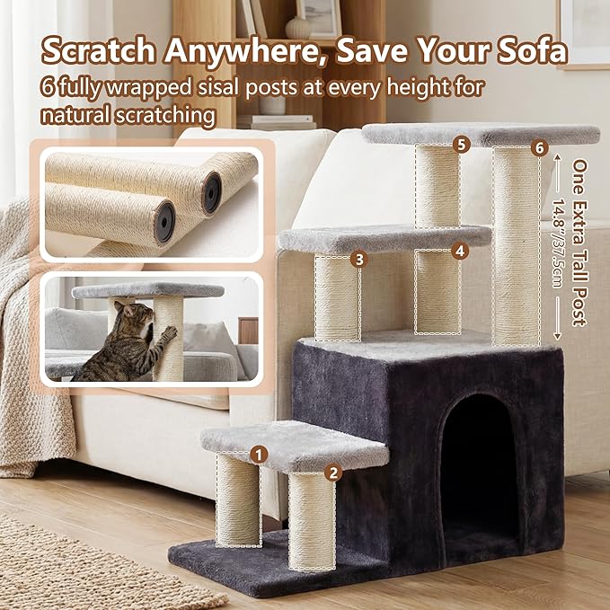 Heybly Pet Stairs for Cats, 29.5 inch High Dog Steps for Small Doggie Rabbits, 9.8''Depth Cat Stairs, Indoor Cat Ladders for High Bed for Pet's Joints, 1 Condo Cave, 6 Sisal Scratcher HSP002SGW