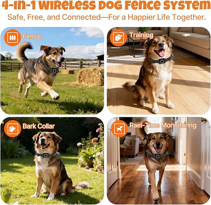 Wireless Dog Fence System: Electric Fence for Dogs 4-in-1 Dog Training Collar with Remote, Bark Control, Status Monitor Waterproof Electric Fence for Medium Large Dogs Outdoor Use