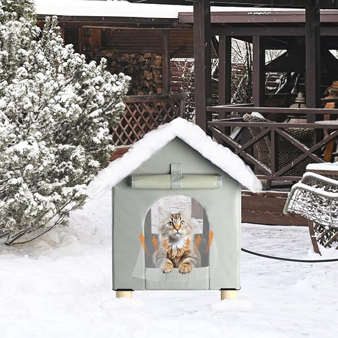 BWOGUE Elevated Heated Cat House for Outdoor Cats in Winter, Waterproof & Insulated Feral Cat Shelter for Outside Cats,Weatherproof Feral Cat House for Outside (Grey, L)
