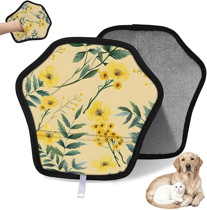 Yellow Flowers Leaves Electrostatic Pet Hair Removal Glove for Cats & Dogs - Reusable Grooming Mitt for Couch, Carpet, Car Seat & Laundry - Large 9x9 Inch