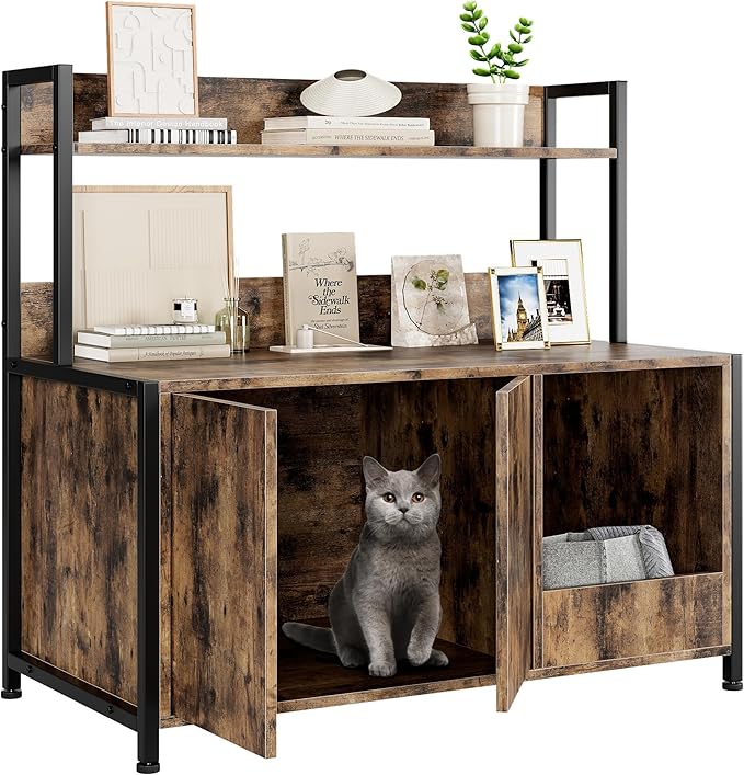 IDEALHOUSE 2024 New Cat Litter Box Enclosure, Retro Sleek Hidden Litter Box Enclosure with Shelves Storage, Wooden Cat Litter Furniture, The Purrfect Blend of Function and Style, Brown