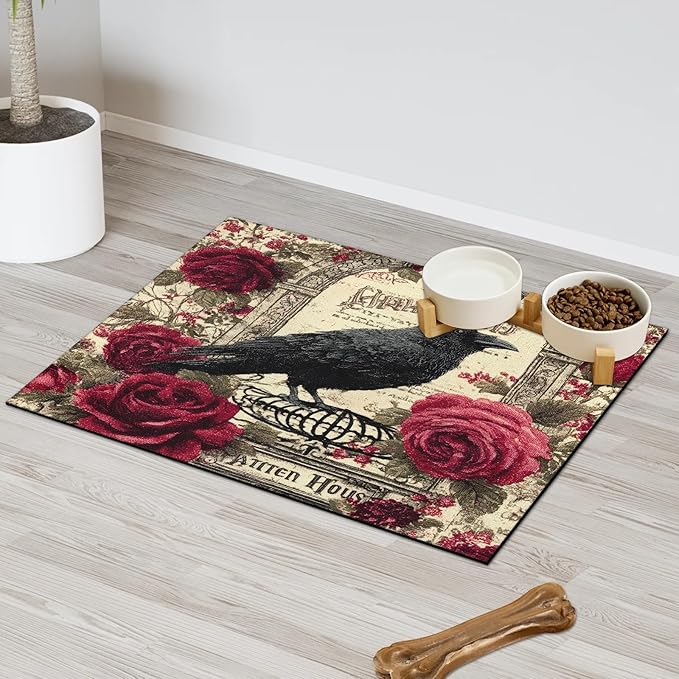 Halloween Raven Dog Food Mat for Floors Absorbent, Quick Dry Water Dispenser Mat for Food, Water, Pet Supplies 12" x 20", Vintage Flower