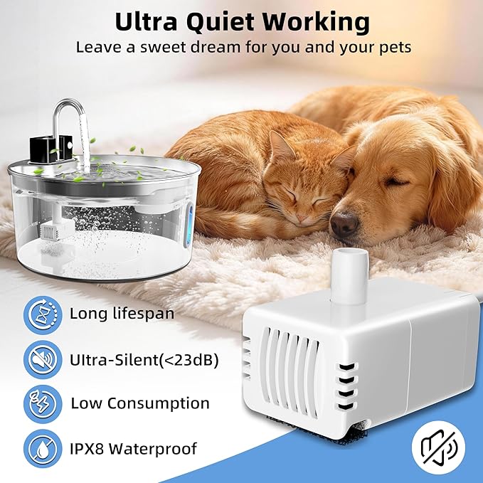Replacement Pump for 7L/1.8Gal Stainless Steel Pet Fountain Cat Water Fountain Dog Water Dispenser Ultra Quiet Long Lifespan Water Pump