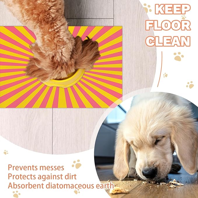 Striped Dog Food Mat for Floors Absorbent, Quick Dry Water Dispenser Mat for Food, Water, Pet Supplies 12" x 20", Pink Yellow