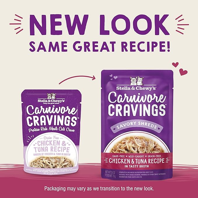 Stella & Chewy's Carnivore Cravings Wet Cat Food - Premium Pouches - Grain Free, High Protein Chicken & Tuna - Perfect For Picky Eaters - Complete Meal or Topper (2.8 oz, 24 Pack)