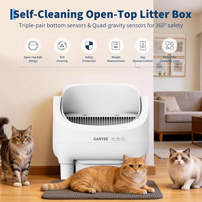 Self Cleaning Litter Box, Automatic Cat Litter Box with APP Control, Odor-Free Waste Disposal Includes Trash Bags, Large Waste Bin, Open-Top, for Multiple Cats, White