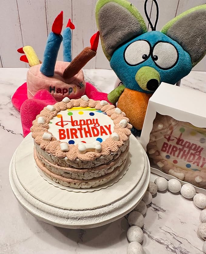 Crispy Rocky Road w/Marshmellows Dog Birthday Cake- Edible Puppy Party Crispy Vanilla Rice Cake, Yogurt Icing w/Marshmellows-Perfect Dog Party Cake Boxed, Iced and Decorated