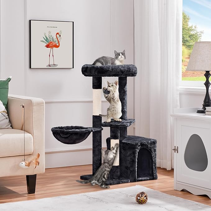 Yaheetech 34.5in Scratching Post, Cat Scratchers for Indoor Cats and Kittens, Multifunctional Activity Post w/Sisal Rope＆Dangling Ball＆Large Condo, Black