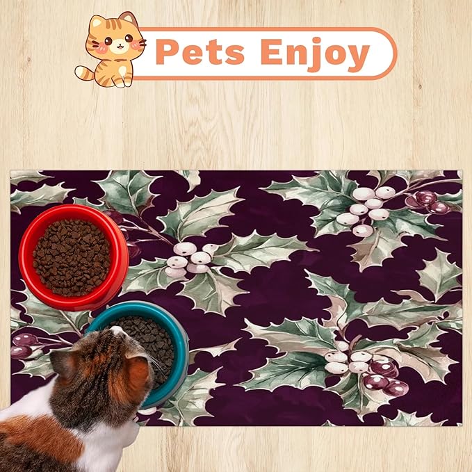 Christmas Holly Dog Food Mat for Floors Absorbent, Quick Dry Water Dispenser Mat for Food, Water, Pet Supplies 16" x 24",