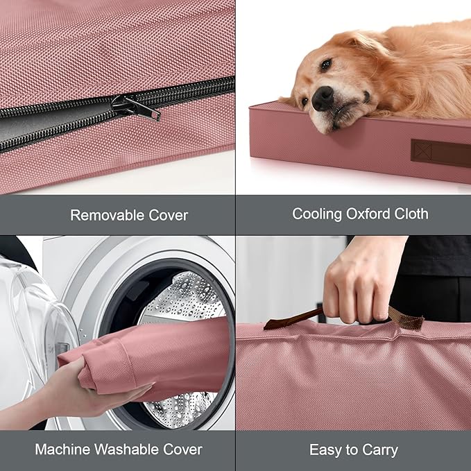 Outdoor Dog Bed for Small Dogs & Cats, Waterproof Dog Crate Mat Orthopedic Egg Crate Foam with Washable Removable Oxford Cover, Pink