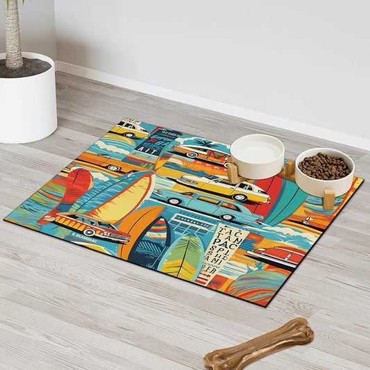 Boho Car Dog Food Mat for Floors Absorbent, Quick Dry Water Dispenser Mat for Food, Water, Pet Supplies 16" x 24", Retro Car