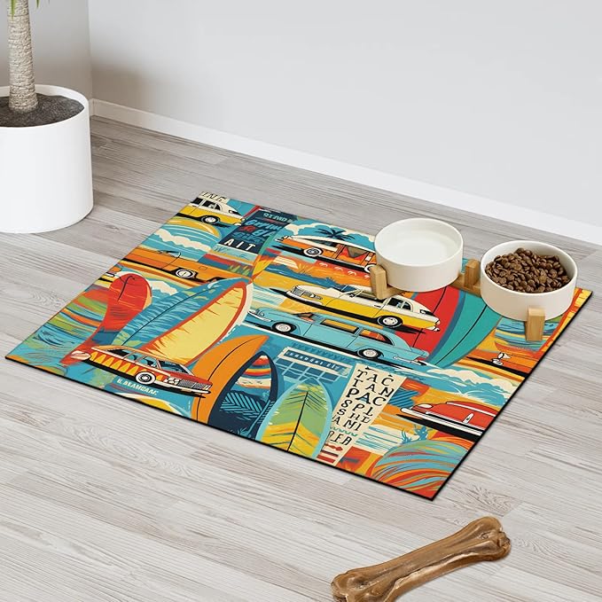 Boho Car Dog Food Mat for Floors Absorbent, Quick Dry Water Dispenser Mat for Food, Water, Pet Supplies 17" x 30", Retro Car