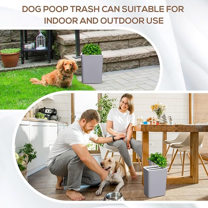 Dog Poop Trash Can Outside 3.96 Gal/15 L Plant Styled Dog Waste Trash Can with Lid 50 Pcs Plastic Waste Bags Outdoor Indoor Poop Container Slim Garbage Bin for Yard Garden Pet (Gray)