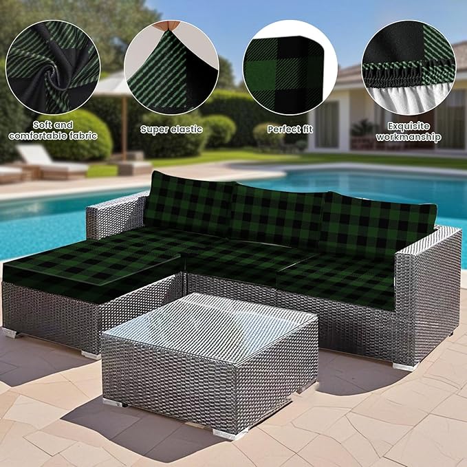 HANDONTIME 8Pcs Christmas Patio Cushion Covers Stretch Outdoor Couch Cover Green and Black Buffalo Check Replacement Cushions Plaid Patio Furniture Covers for Pets Sofa Covers Washable, Cover Only