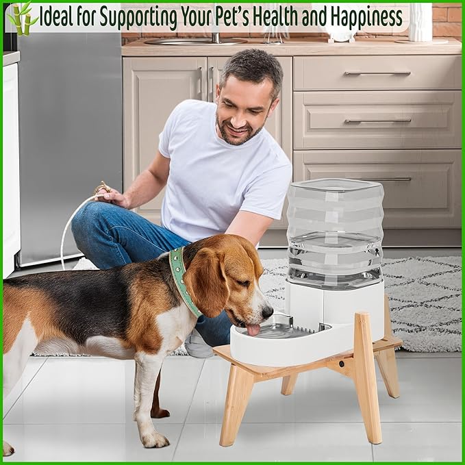 Dog Water Bowl Dispenser Stand - Compatible with Automatic Food Feeders and Water Dispensers - Adaptable Size (Fits S-M-L Sizes) - Natural Bamboo