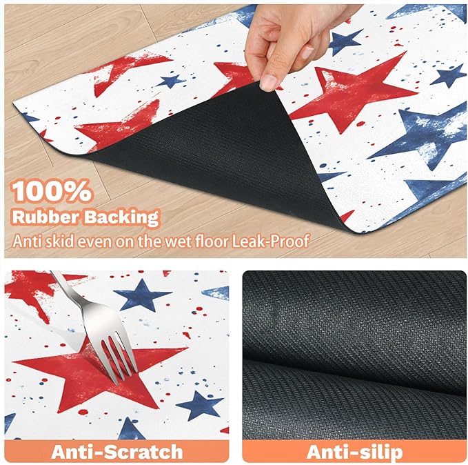 4th of July Dog Food Mat for Floors Absorbent Dog Bowl Mat for Food and Water Dispenser Quick Dry Cat Food Placemat Pet Supplies 17" x 30", Red Blue Stars