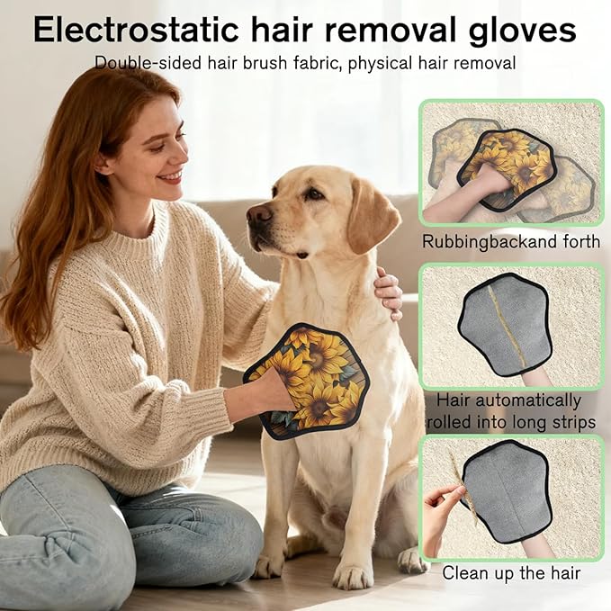 Reusable Pet Hair Removal Glove Sunflowers Blossoming Magic Brush for Cat & Dog Hair Remover for Car, Sofa, Bedding, Clothes - 9x9 Mitt Washable