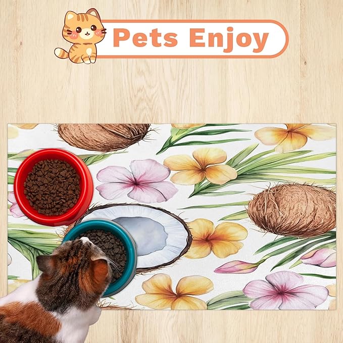 Coconut Fruit Dog Food Mat for Floors Absorbent Dog Bowl Mat for Food and Water Dispenser Quick Dry Cat Food Placemat Pet Supplies 24" x 32", Flower Leaves