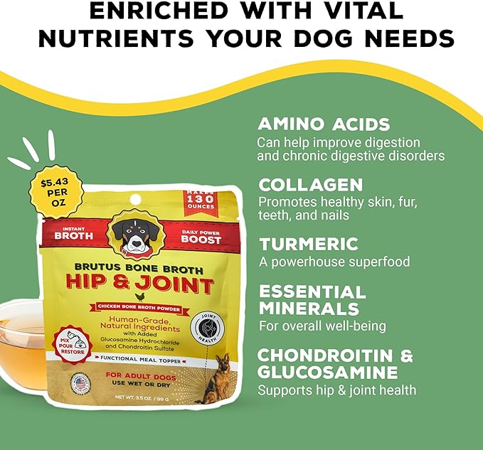Brutus Broth Dog Food Topper - Instant Bone Broth Powder for Dogs - Supports Hip and Joint Function - Human-Grade Quality - Serve Dry or Wet - Chicken Flavor - 3.5 oz Pack (Makes 130 oz with Water)