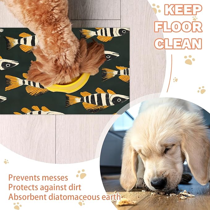 Fish Dog Food Mat for Floors Absorbent Dog Bowl Mat for Food and Water Dispenser Quick Dry Cat Food Placemat Pet Supplies 16" x 24", Fish Print