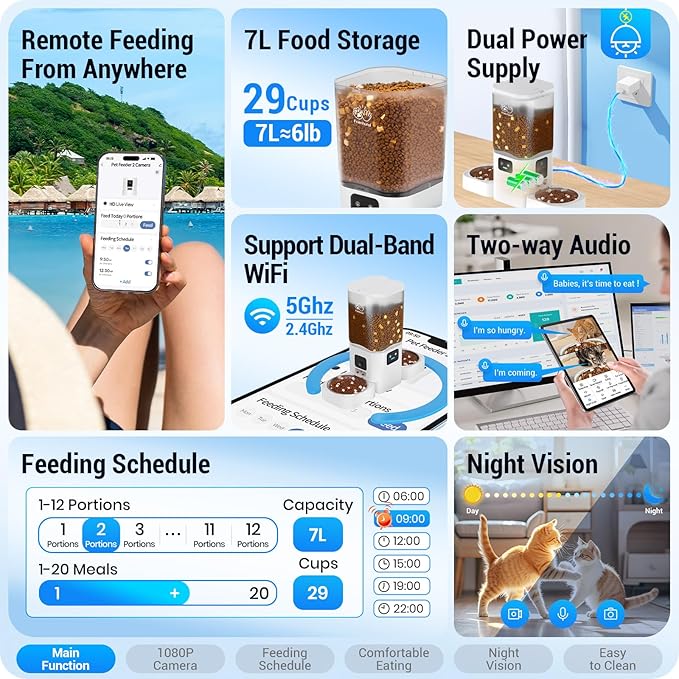 Dual Automatic Cat Feeder with Camera for 2 Cats: 5G WiFi Automatic Dog Feeder with Night Vision, 7L Auto Cat Food Dispenser with Two Camera for Multiple Pet, Easy to Clean-29 Cup(ACF180W-A)
