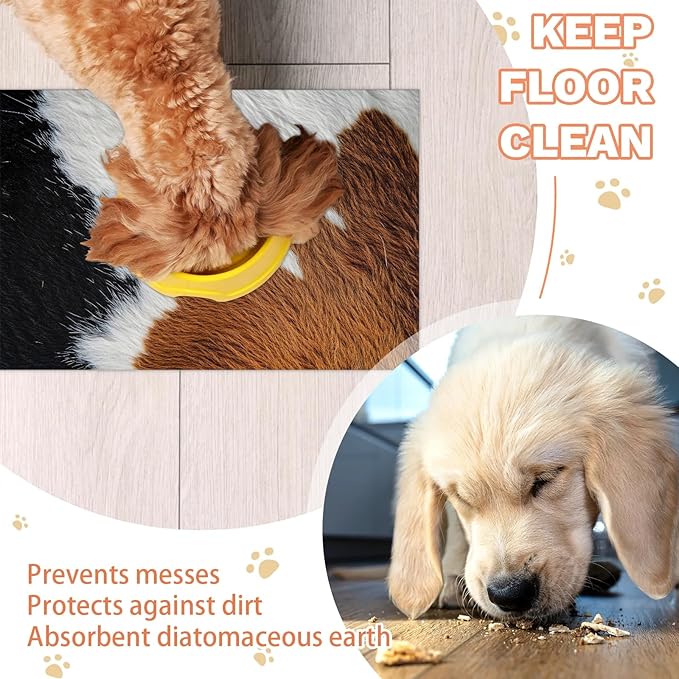 Cow Print Dog Food Mat for Floors Absorbent Dog Bowl Mat for Food and Water Dispenser Quick Dry Cat Food Placemat Pet Supplies 17" x 30", Black Brown Skin