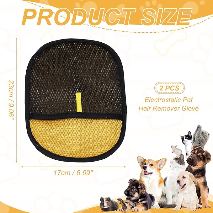 Pet Hair Remover Gloves, Electrostatic Pet Hair Dog Cat Grooming Removal Glove Reusable Magic Brush Animal Fur Removal Tool(2Pcs, L, Black/Yellow) for Clothes/Carpet/Couch/Car Seat