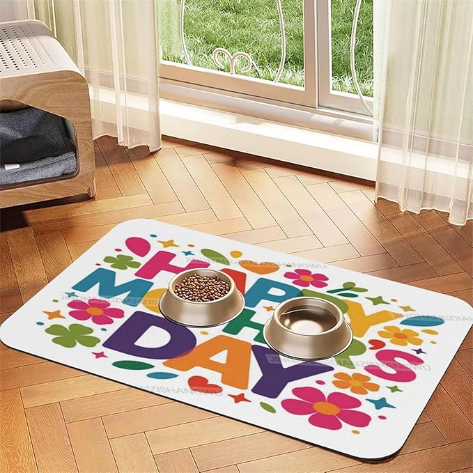 Pet Cat Dog Food Mat Absorbent Dog Feeding Mat Happy Mother's Day Floral Gift Mom Colorful Ei No Stains Cat Food Mats Indoor Pet Dogs Placemat Water Bowl Mats with Rubber Backing 24x16In