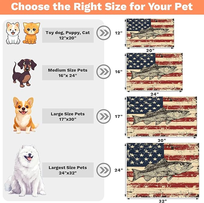 Vintage American Flag Dog Food Mat for Floors Absorbent Dog Bowl Mat for Food and Water Dispenser Quick Dry Cat Food Placemat Pet Supplies 16" x 24", Bass Fish