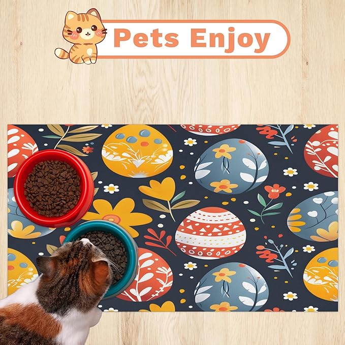 Spring Easter Dog Food Mat for Floors Absorbent Dog Bowl Mat for Food and Water Dispenser Quick Dry Cat Food Placemat Pet Supplies 17" x 30", Floral Leaves