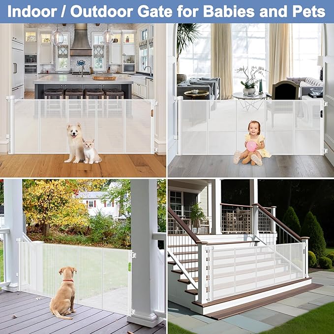Reinforced Retractable Baby Gates with Support Rod 60" Wide Retractable Baby Gate for Stairs Retractable Dog Gate Outdoor Retractable Gate Outdoor Prevent Babies and Pets from Squeezing Under The Gate