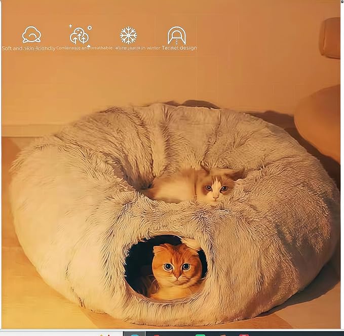Cat Bed, cat Tunnel, Foldable Machine Washable Plush cat Bed, Grey (33.46 inches), with Hanging Toys, Suitable for Multiple