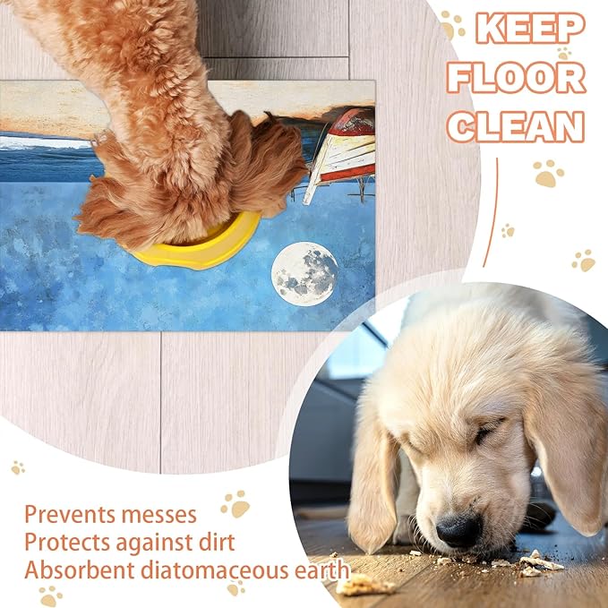 Seasides Sailboat Dog Food Mat for Floors Absorbent, Quick Dry Water Dispenser Mat for Food, Water, Pet Supplies 12" x 20", Nautical Coastal