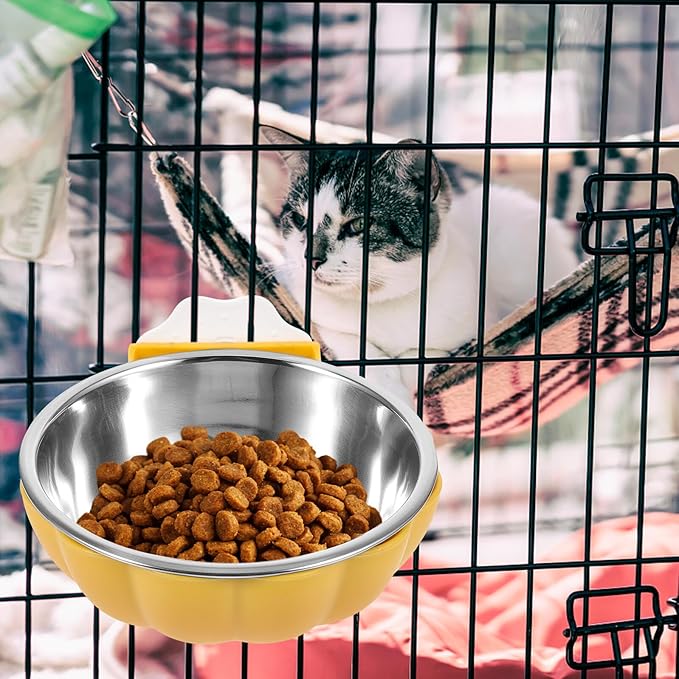 Hanging Pumpkin-Shaped Pet Feeder Bowl, Small Yellow Plastic Cage Cat Feeder and Dog Bowl for Crate Feeding and Watering Supplies