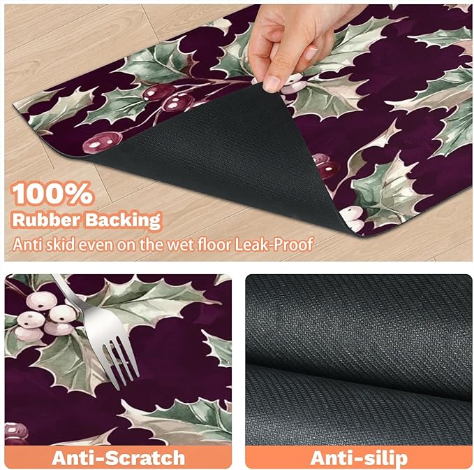 Christmas Holly Dog Food Mat for Floors Absorbent, Quick Dry Water Dispenser Mat for Food, Water, Pet Supplies 16" x 24",