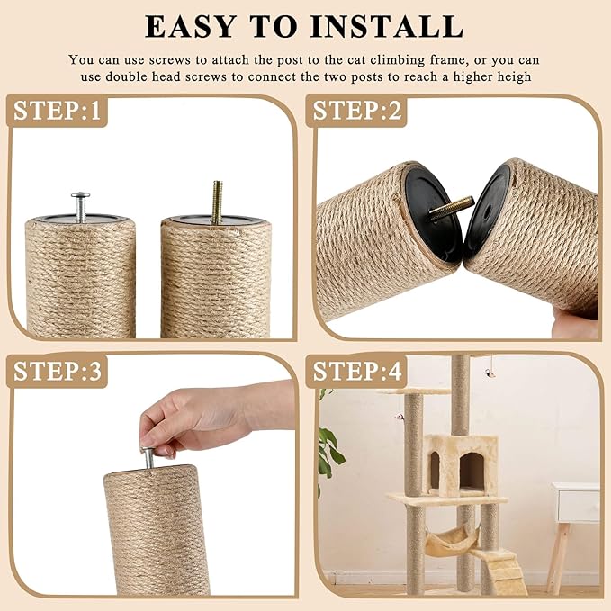 4 Pcs Cat Scratching Post Replacement, Natural Jute Pole Cat Tree Replacement Parts, Cat Scratch Pole with 8 M8 Screws and 1 Wrench for Indoor Kittens Tower (11.8 x 3.3 in)