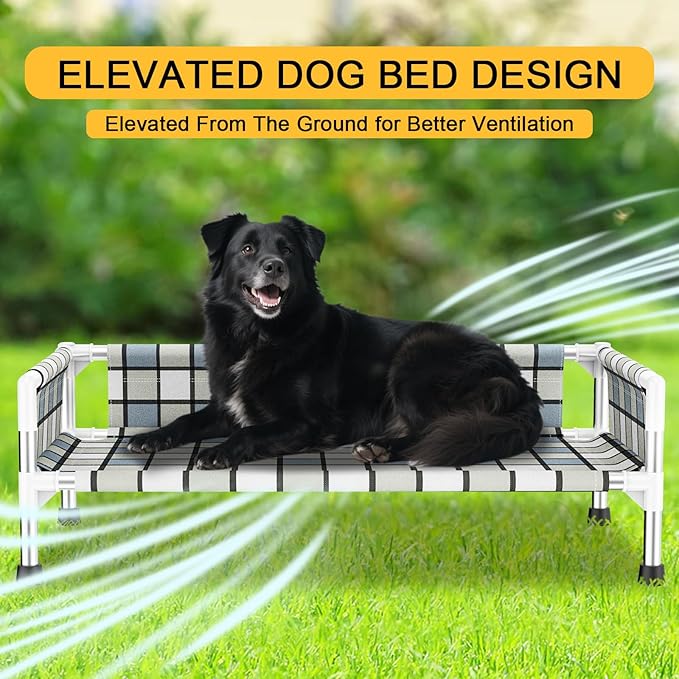 Elevated Raised Outdoor Dog Bed - Cooling Washable Dog Cot with Guardrail, Durable & Breathable Cotton Mesh Pet Hammock Beds with Stainless Steel Pipe Frame for Medium Pets (34'' x 20'' x 12'')