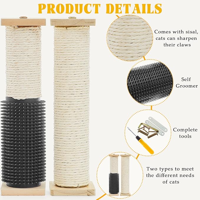 Aliceset 3 Pack Cat Scratching Post for Crate Cage 13 Inch Wooden Sisal Cage Mounted Scratching Post with Self Groomer and Massager for Grinding Claws and Climbing