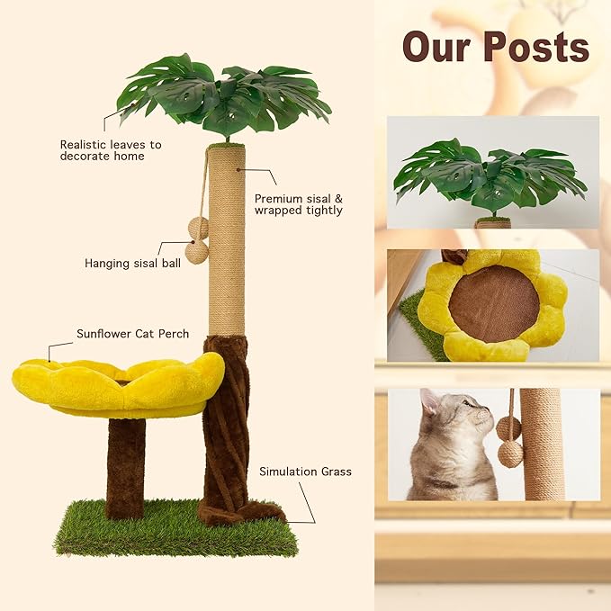 33.86" Tall Cat Scratching Posts Cat Scratcher with Premium Sisal Rope, Sunflower Cat Platform and Danging Balls,Cat Scratcher Suitable for Large Adult cat, Kitten, and All Type of Cats