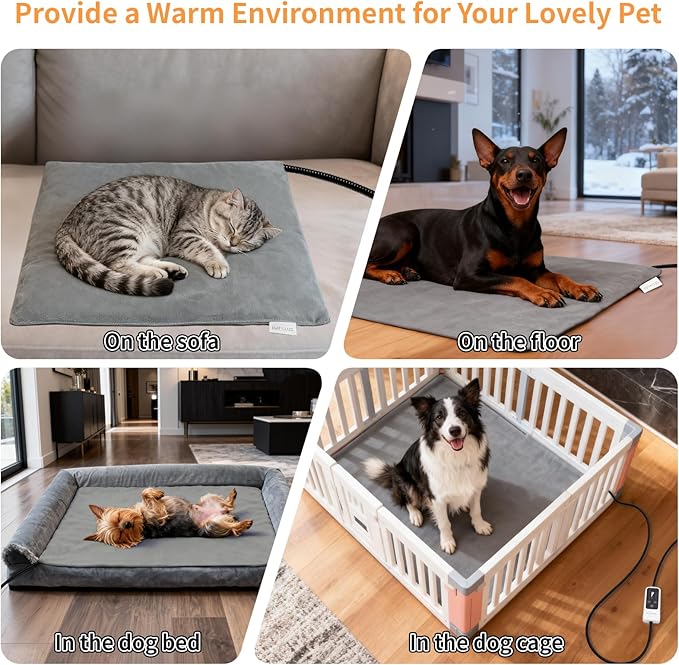 BECEMURU Pet Heating Pad for Dogs & Cats, 18x16 in, Waterproof Heated Bed with 6-Temp & Timer, Chew-Resistant Cord Electric Warm Bed for Senior Pets, Soothing Pain Relief for Arthritis