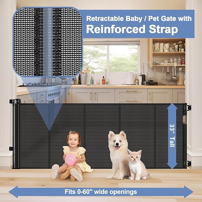 Reinforced Retractable Baby Gates with Support Beam 60" Wide Retractable Dog Gate Indoor Prevent Children and Dogs from Crawling Under Outdoor Dog Gate for Deck Mesh Gates for Kids or Pets, Black