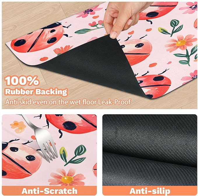 Red Ladybirds Dog Food Mat for Floors Absorbent, Quick Dry Water Dispenser Mat for Food, Water, Pet Supplies 17" x 30", Wildflowers