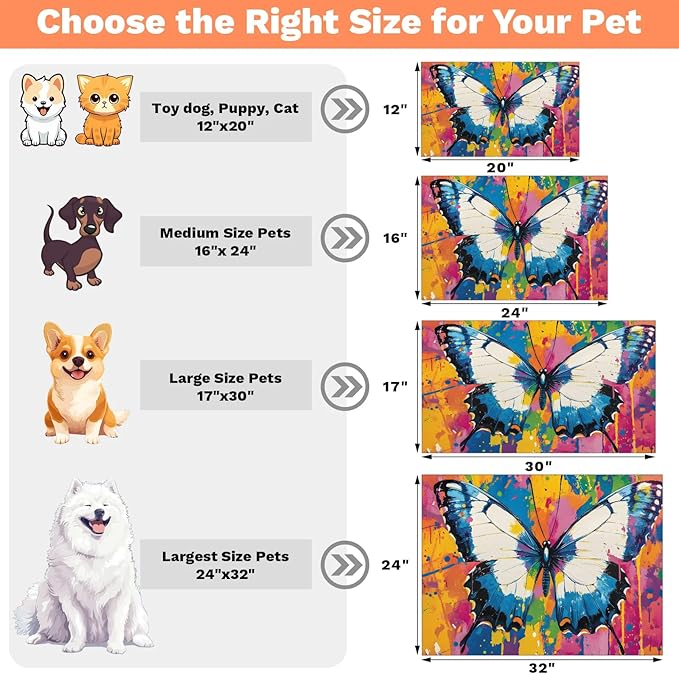 Colorful Butterfly Dog Food Mat for Floors Absorbent, Quick Dry Water Dispenser Mat for Food, Water, Pet Supplies 16" x 24", Watercolor Animals
