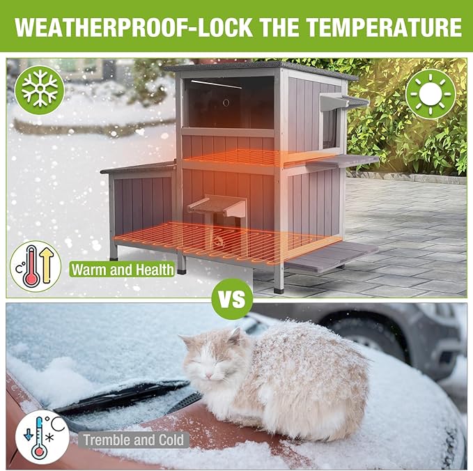 Heated Cat House Outdoor Insulated Cat Cage with Heating Pad for Winter, Feral Kitty Shelter Waterproof Roof,23" D x 44" W x 34.5" H