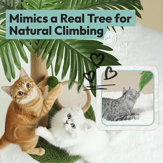 Cat Scratching Post 33 Inch Palm Tree with Hanging Balls and Coconut Straw Toy, Cat Scratcher for Indoor Kittens, Extra Stable Base, Paw-Friendly Jute Material M