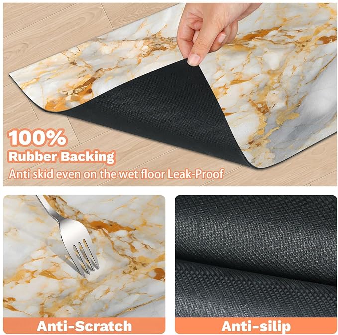 Marble Dog Food Mat for Floors Absorbent, Quick Dry Water Dispenser Mat for Food, Water, Pet Supplies 24" x 32", Golden White Abstract